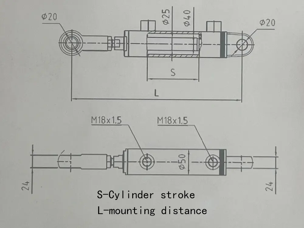 Grundriss_Abmessungen_für_HSG-E-4025-400_Doppelwirkender_Hydraulik-Zylinder